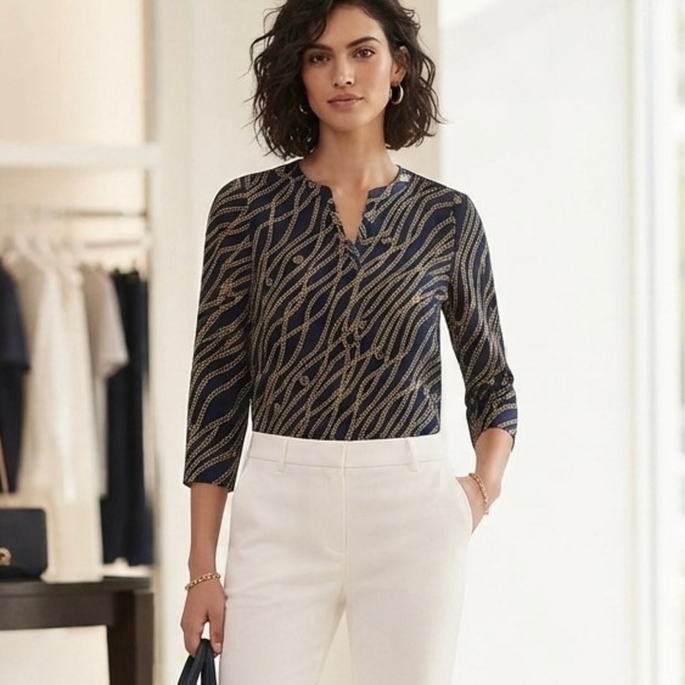 Michael Michael Kors Womens M Navy Gold Chain Link MK Logo Tie Sleeve Blouse Top